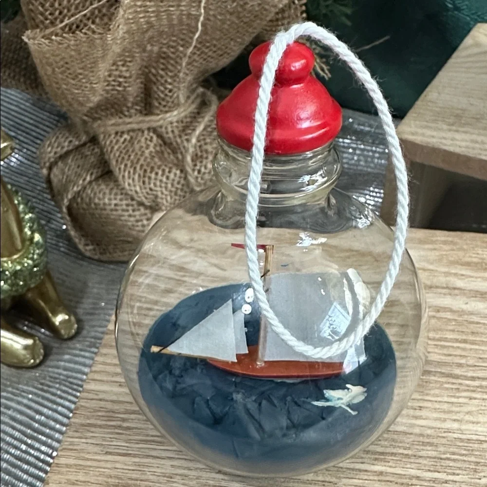 Crate & Barrel Ship-In-A-Bottle Glass Christmas Ornament Nautical